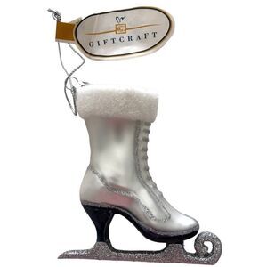 GLASS FIGURE SKATE ORNAMENT WITH SILVER GLITTER